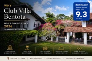 Promotional poster for Club Villa Bentota, showcasing its tropical architecture and lush gardens, designed by renowned Sri Lankan architect Geoffrey Bawa.
